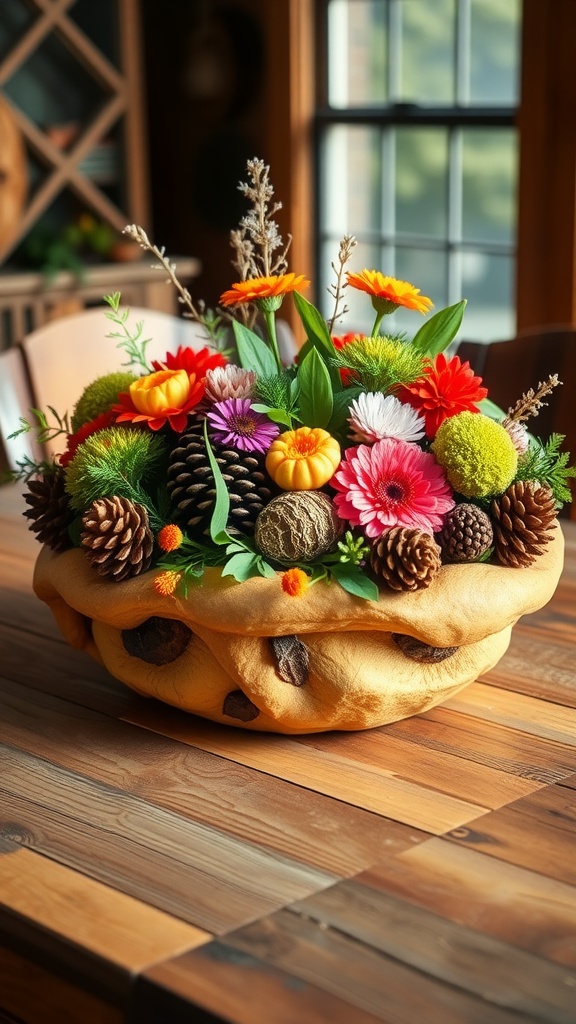 Dough bowl centerpiece filled with pinecones, flowers and greenery on a rustic table.